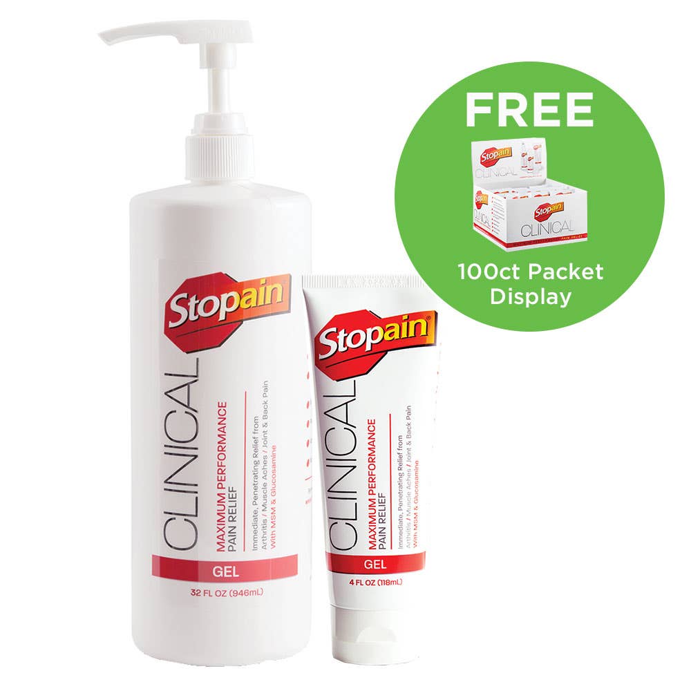 Buy (10) Stopain® 4 oz Tubes + 32 oz Pump and Get a 100ct (5gm) Packet Display Free