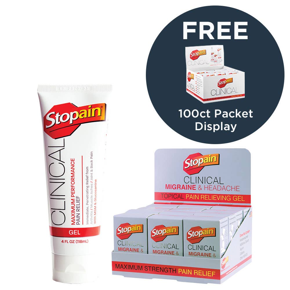 Buy (6) Stopain® 4 oz Tubes + Migraine & Headache Gel Counter Display Get a 100ct (5gm) Packet Display Free