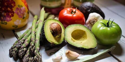 Avocado, asparagus, tomatoes, garlic